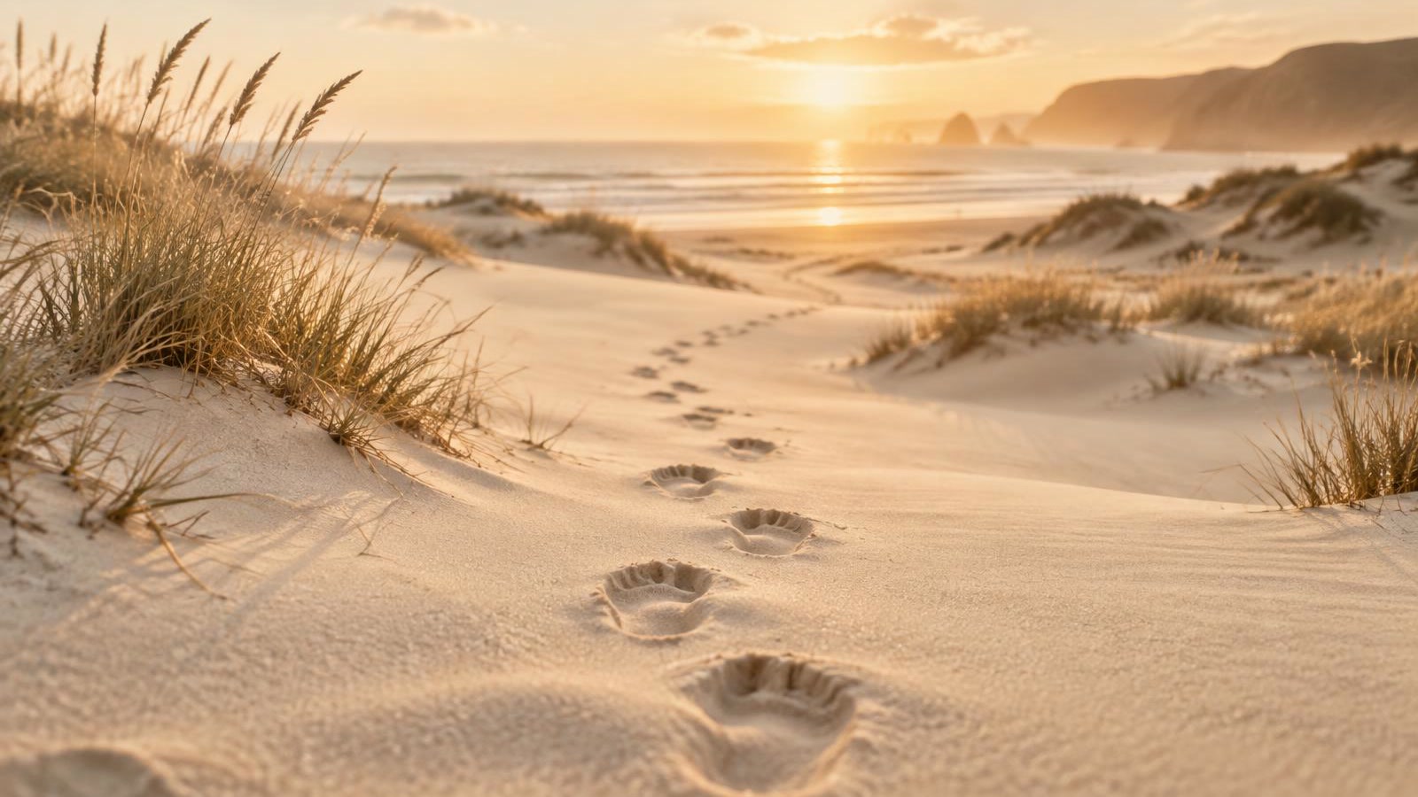 Pegadas na areia clara seguindo um caminho entre as dunas, na luz dourada do fim de tarde